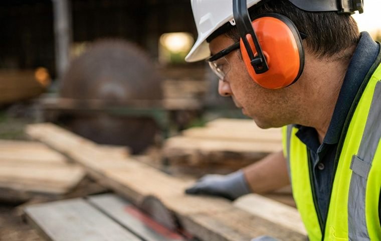 Persona trabajadora con orejeras de protección auditiva y casco operando cerca de una sierra