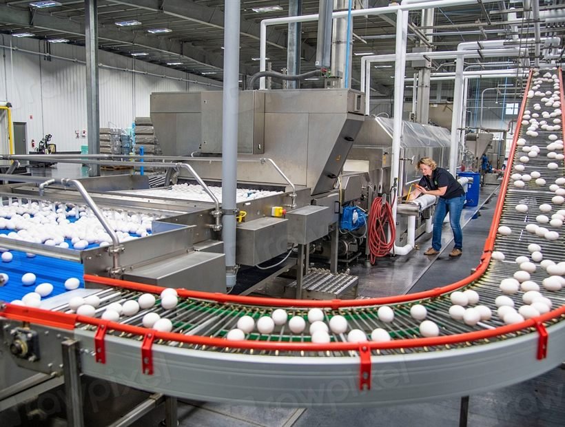 Planta industrial con línea de producción y personal operativo